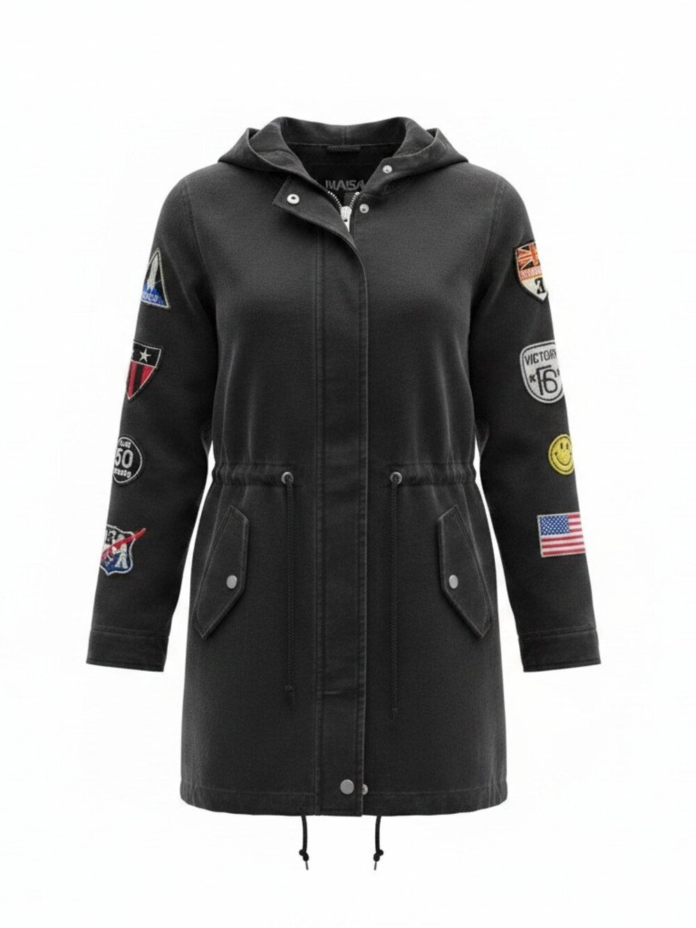 Black Hooded Utility Jacket with Patches - Size M